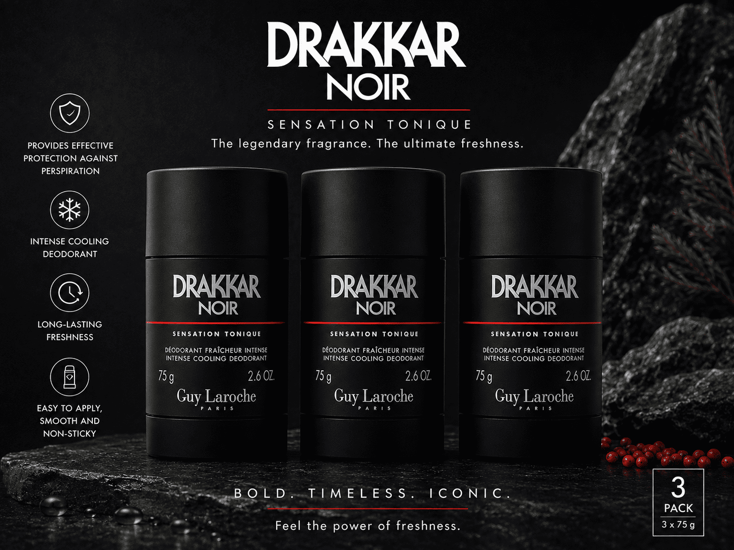 Guy Laroche Drakkar Noir Deodorant Stick 75g X 3 Triple Pack New Sealed 1 Guy Laroche Drakkar Noir Deodorant Stick 75g X 3 Triple Pack New Sealed