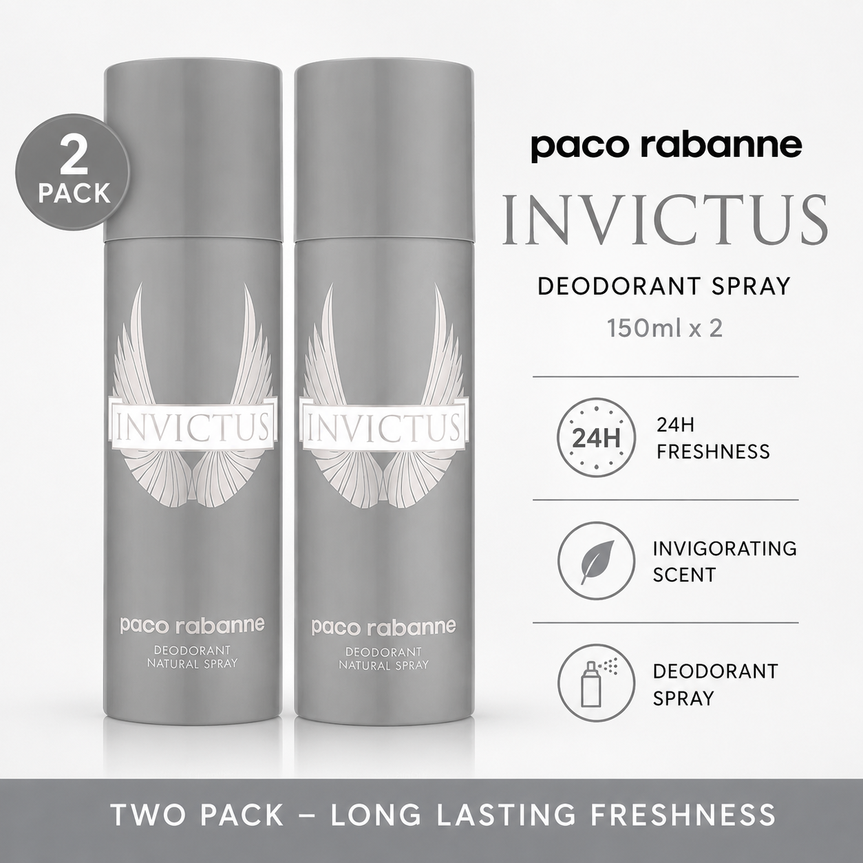 Paco Rabanne Invictus Deodorant Spray 150ml x Double Pack Mens 1 Paco Rabanne Invictus Deodorant Spray 150ml x Double Pack Mens